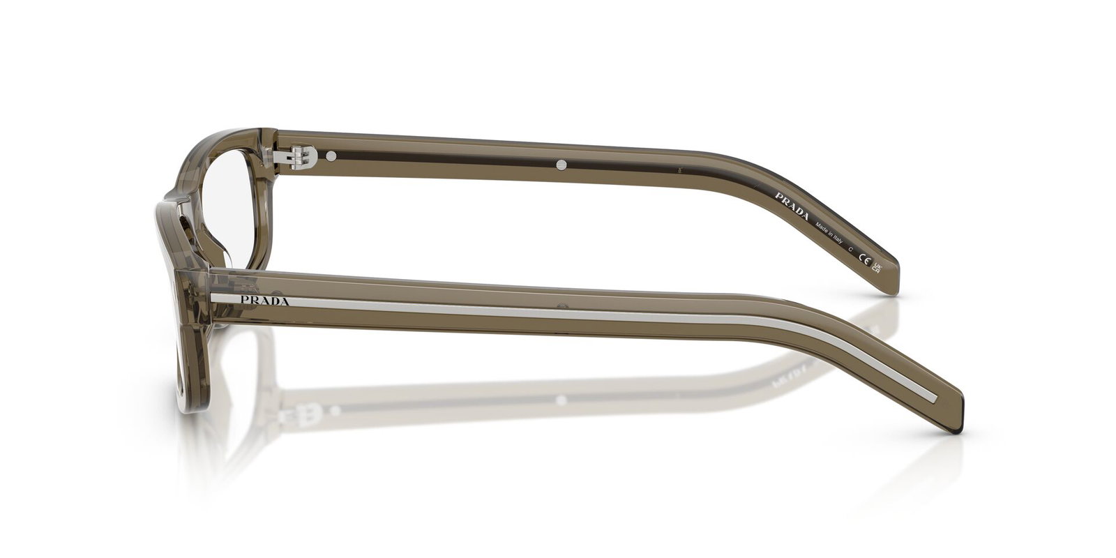 Das Bild zeigt die Bügel die Prada Brille B02V in Braun transparent.